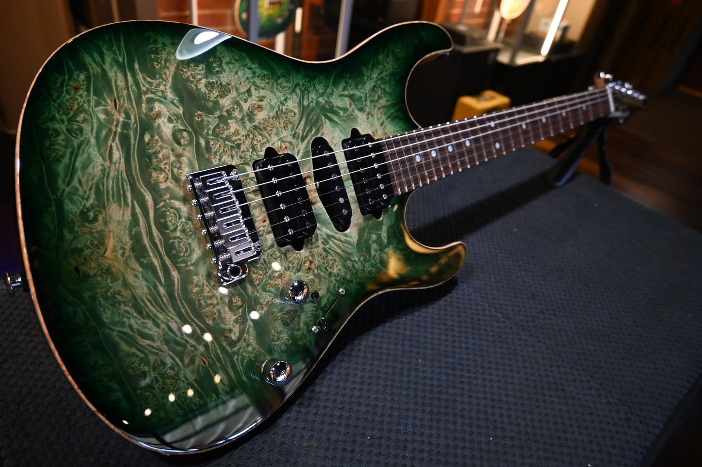 Suhr Custom Modern Waterfall Burl - Faded Trans Green Burst Guitar #3350