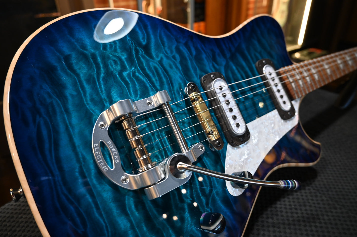 Powers Electric A-Type Select Maple Quilt PF42 CamTail - Blue Lagoon Guitar #B259