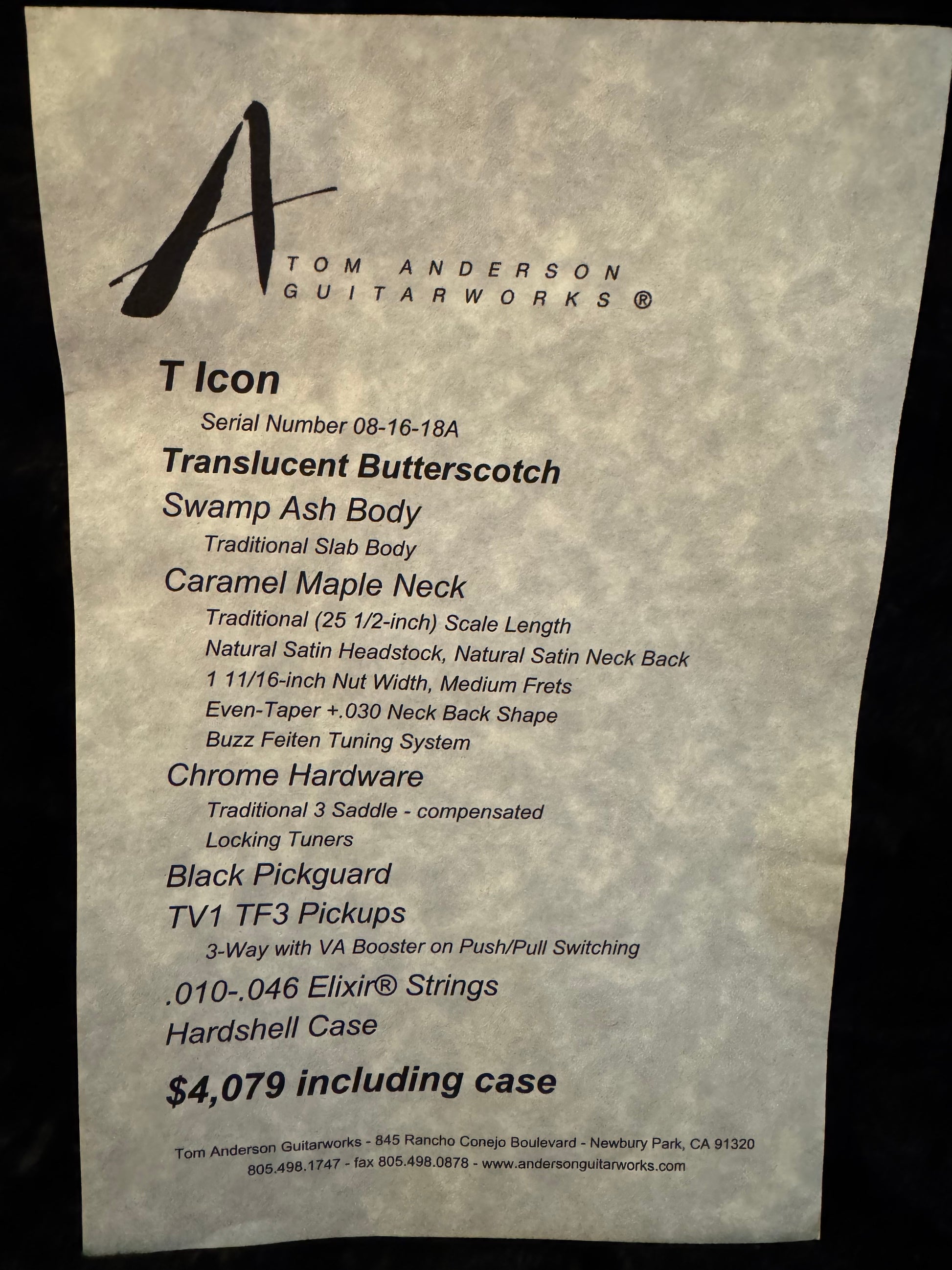 Tom Anderson T Icon 2018 - Translucent Butterscotch Guitar #618A - Danville Music