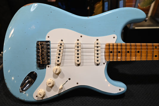 Fender Custom Shop 1957 Limited Stratocaster Relic 2023 - Faded Aged Daphne Blue Guitar #5280 - Danville Music