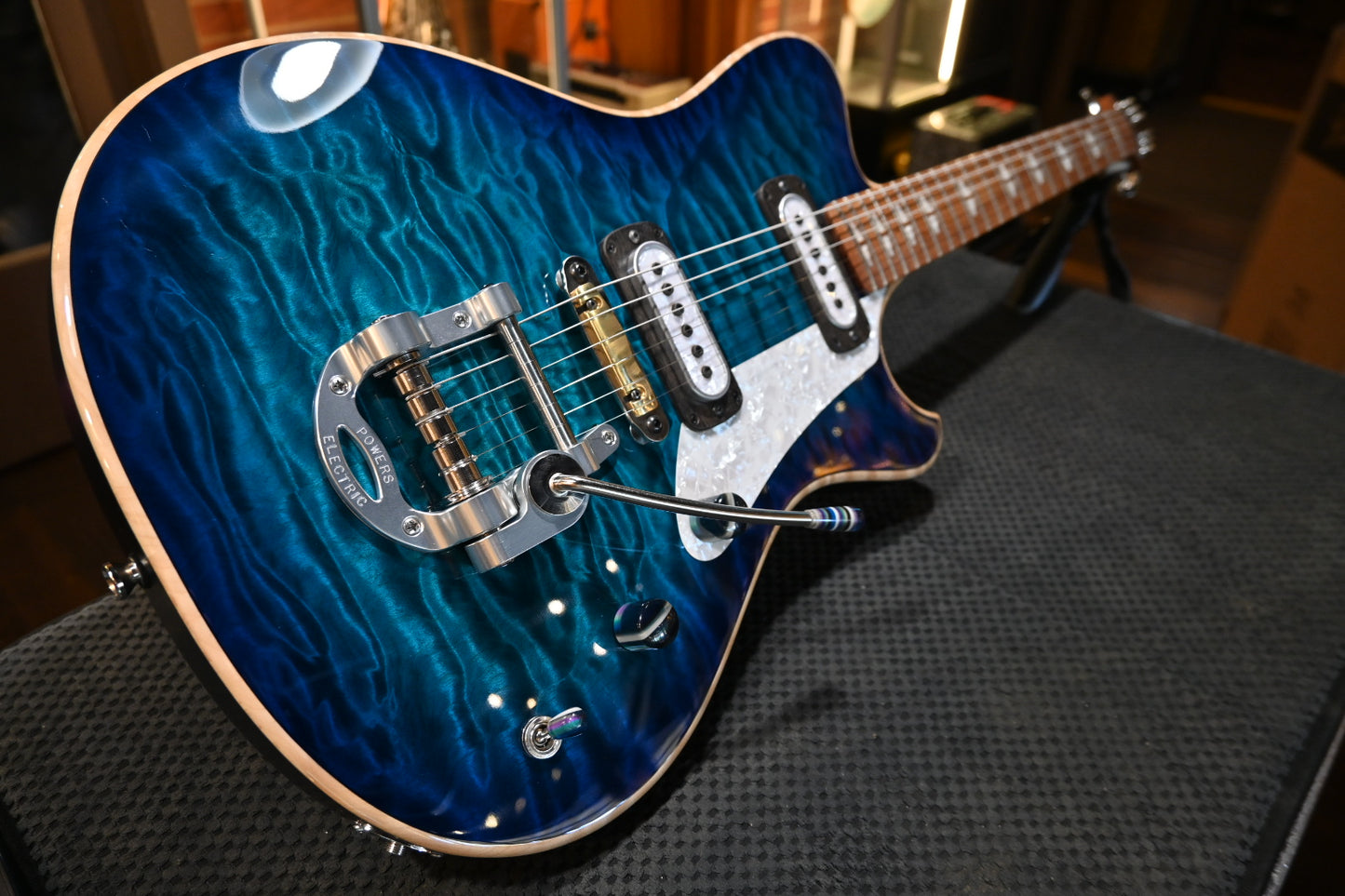 Powers Electric A-Type Select Maple Quilt PF42 CamTail - Blue Lagoon Guitar #B259