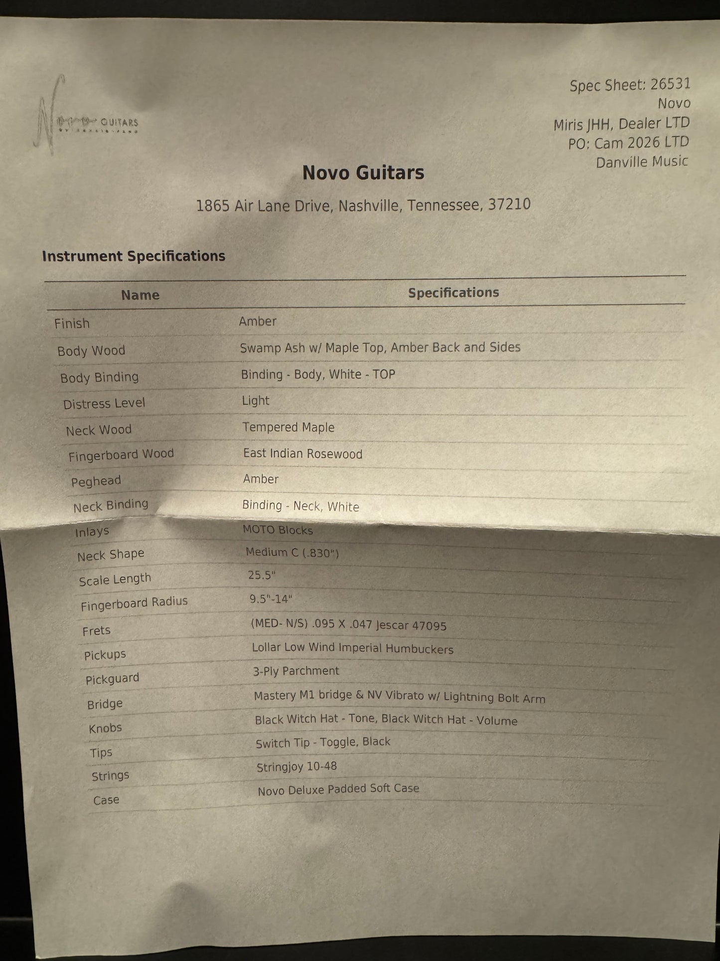 Novo Maple Top Miris JHH LTD - Amber Guitar #6531 - Danville Music