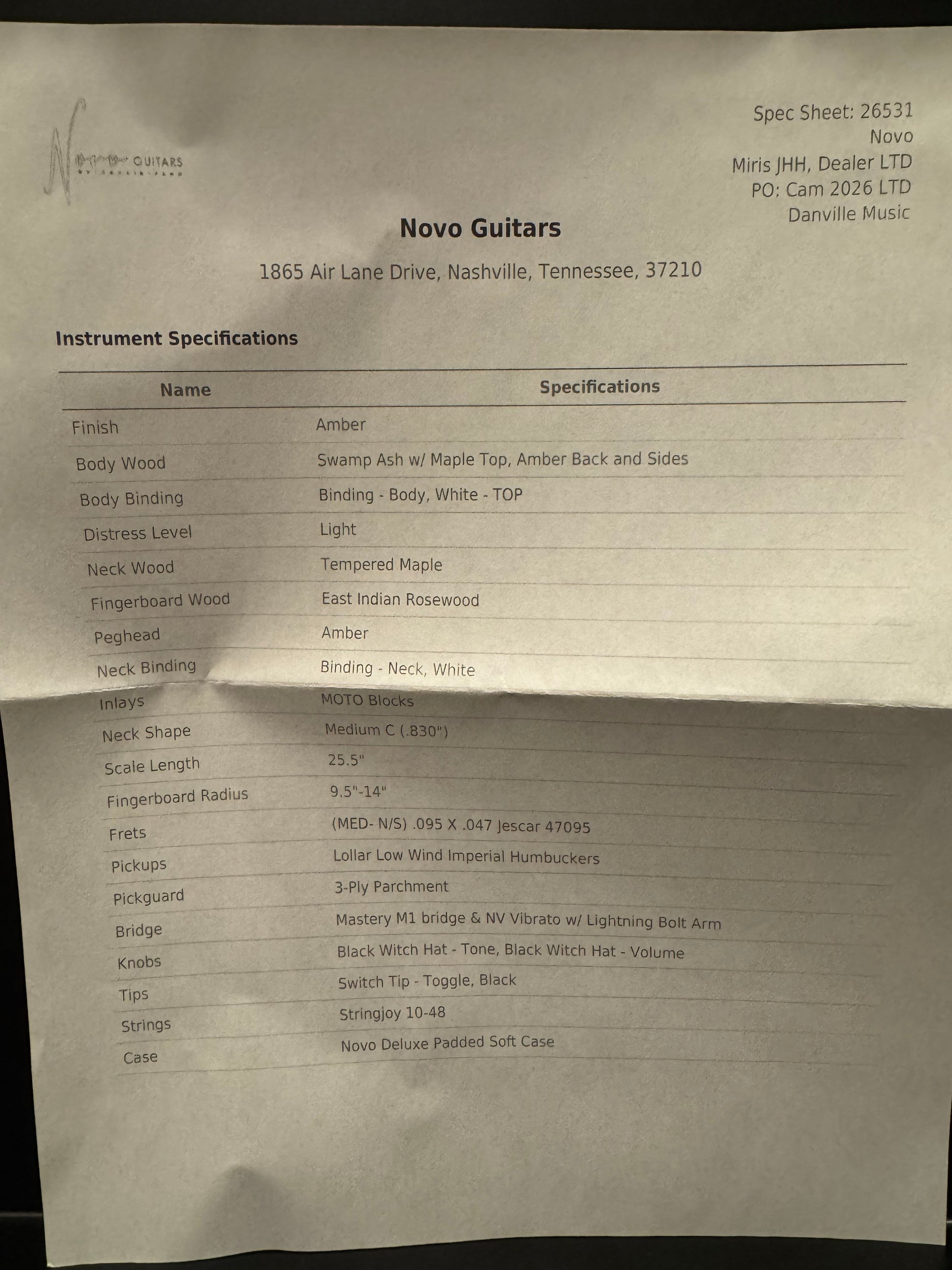 Novo Maple Top Miris JHH LTD - Amber Guitar #6531 - Danville Music