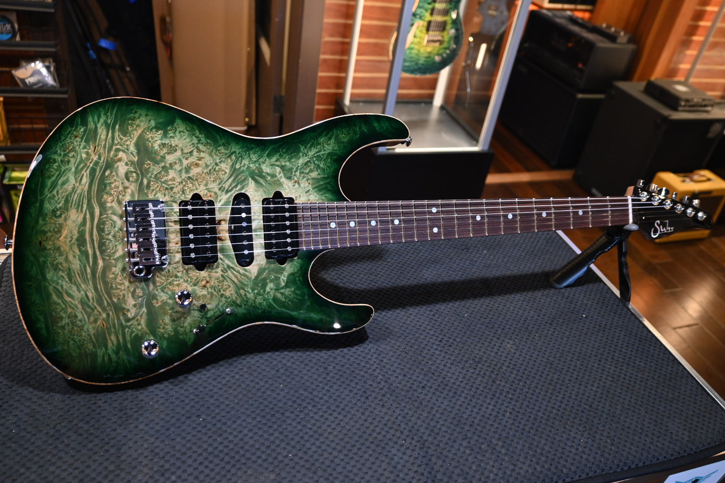 Suhr Custom Modern Waterfall Burl - Faded Trans Green Burst Guitar #3350