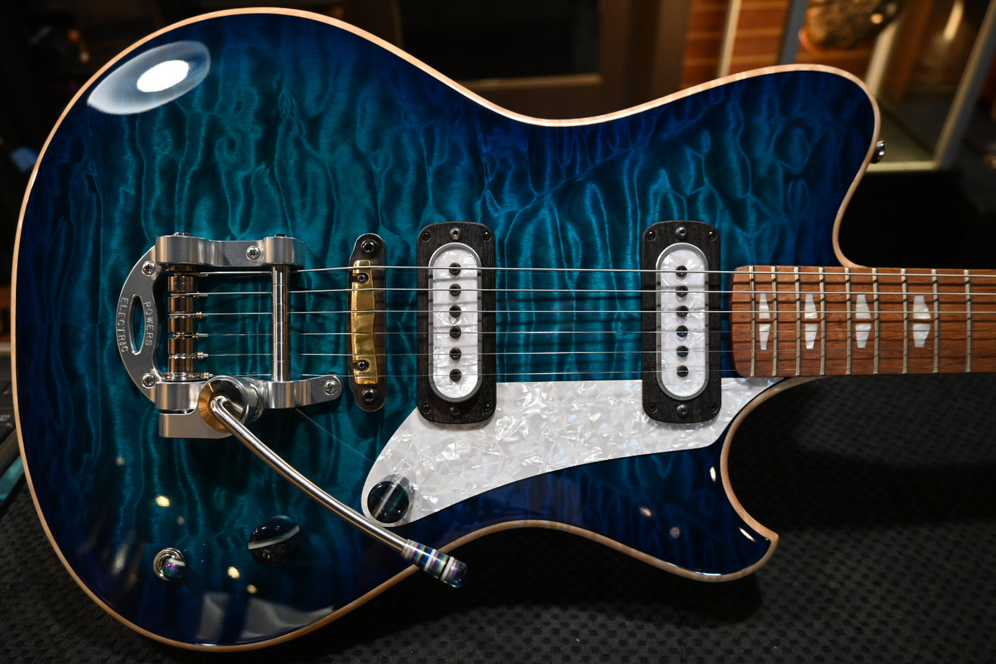 Powers Electric A-Type Select Maple Quilt PF42 CamTail - Blue Lagoon Guitar #B259