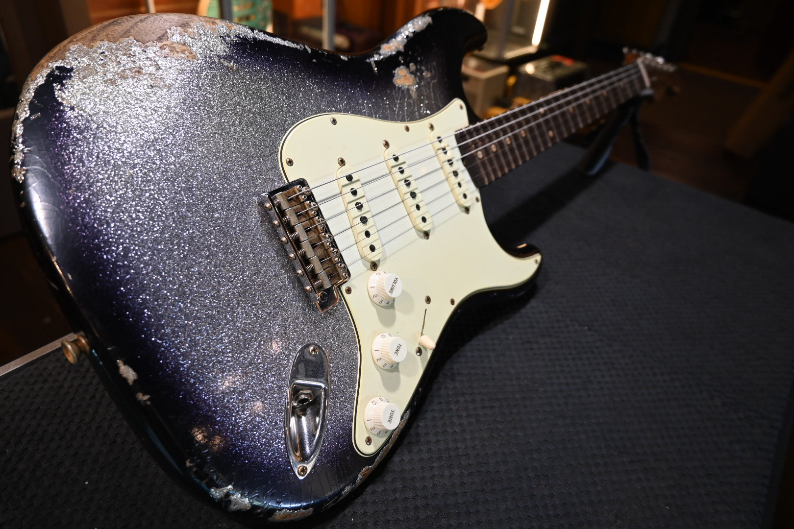 Fender Custom Shop 1959 Stratocaster Heavy Relic - Black Burst on Silver Sparkle Guitar #3950 - Danville Music