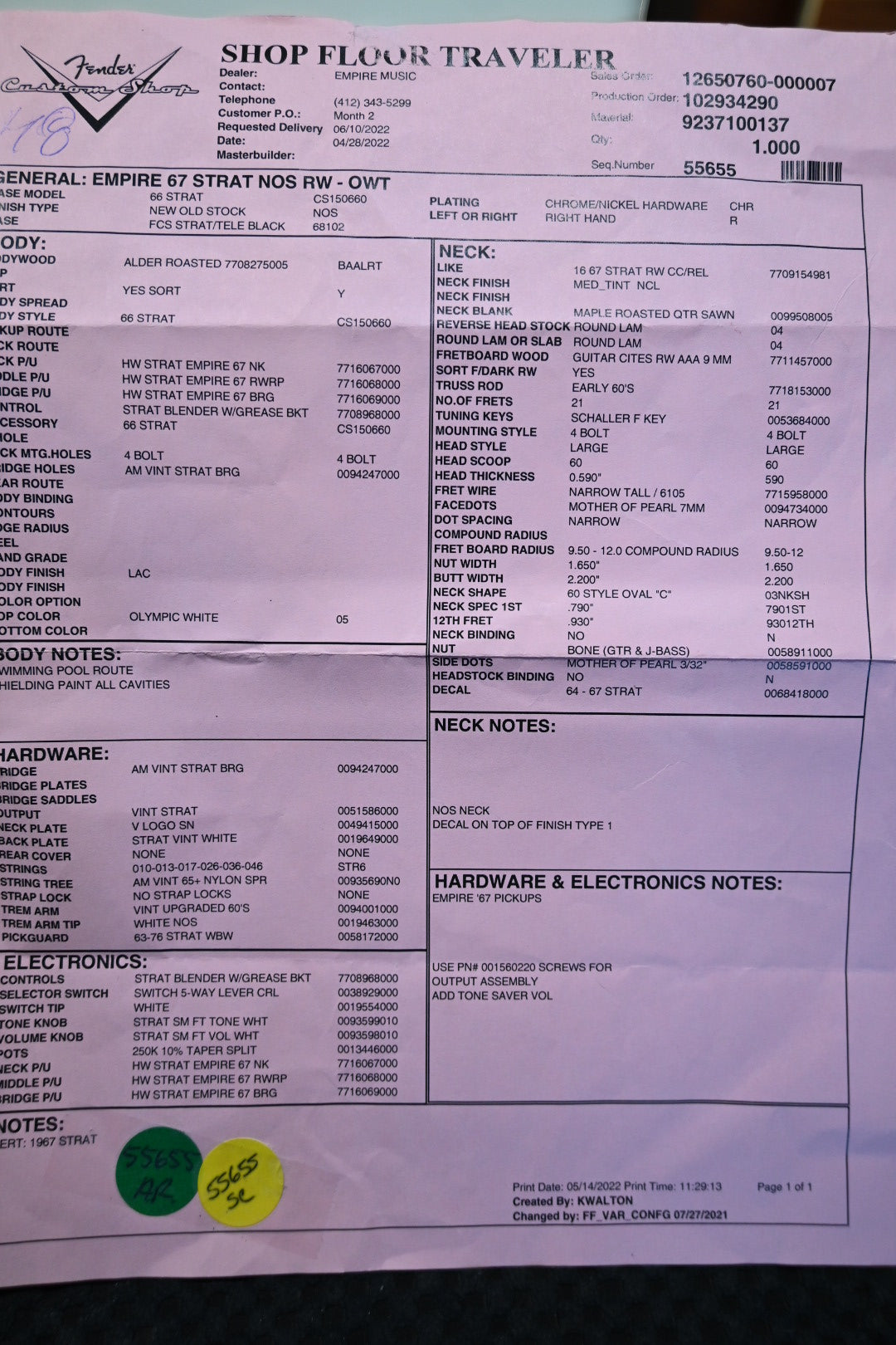 Fender Custom Shop Empire ‘67 Stratocaster NOS 2022 - Olympic White Guitar #7803 - Danville Music