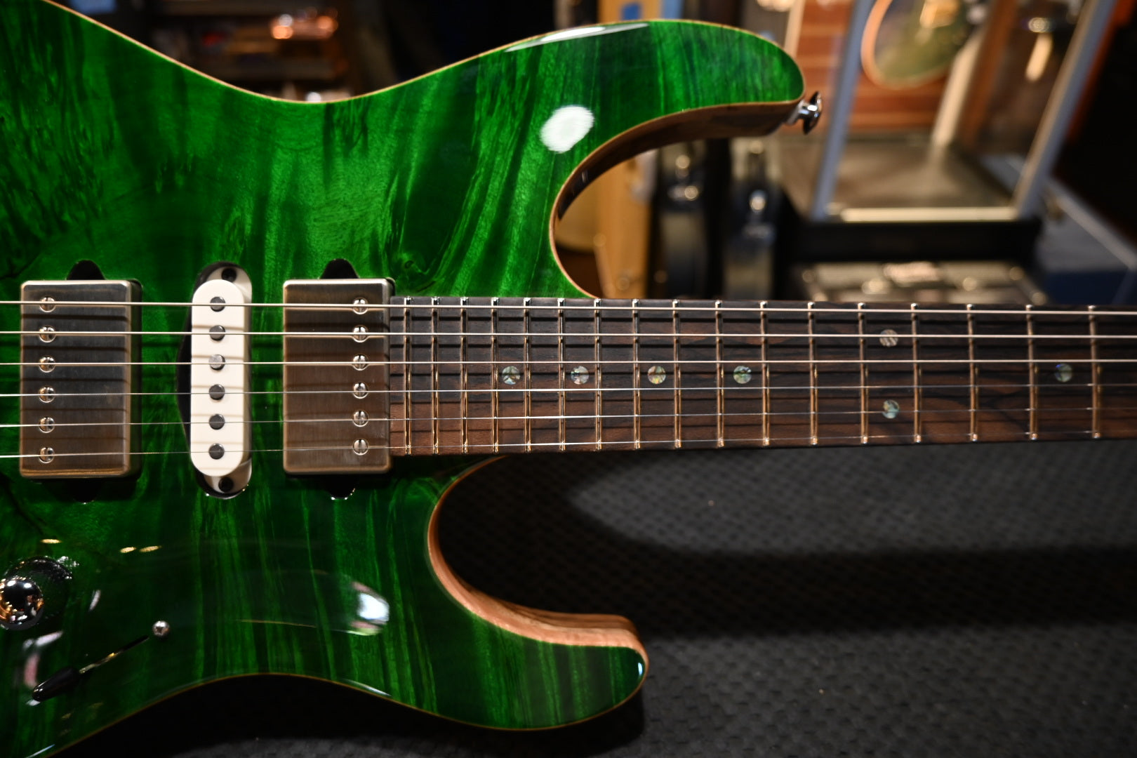 Suhr Custom Modern Carved Top Set Neck Waterfall Burl - Trans Green Guitar #5121 - Danville Music
