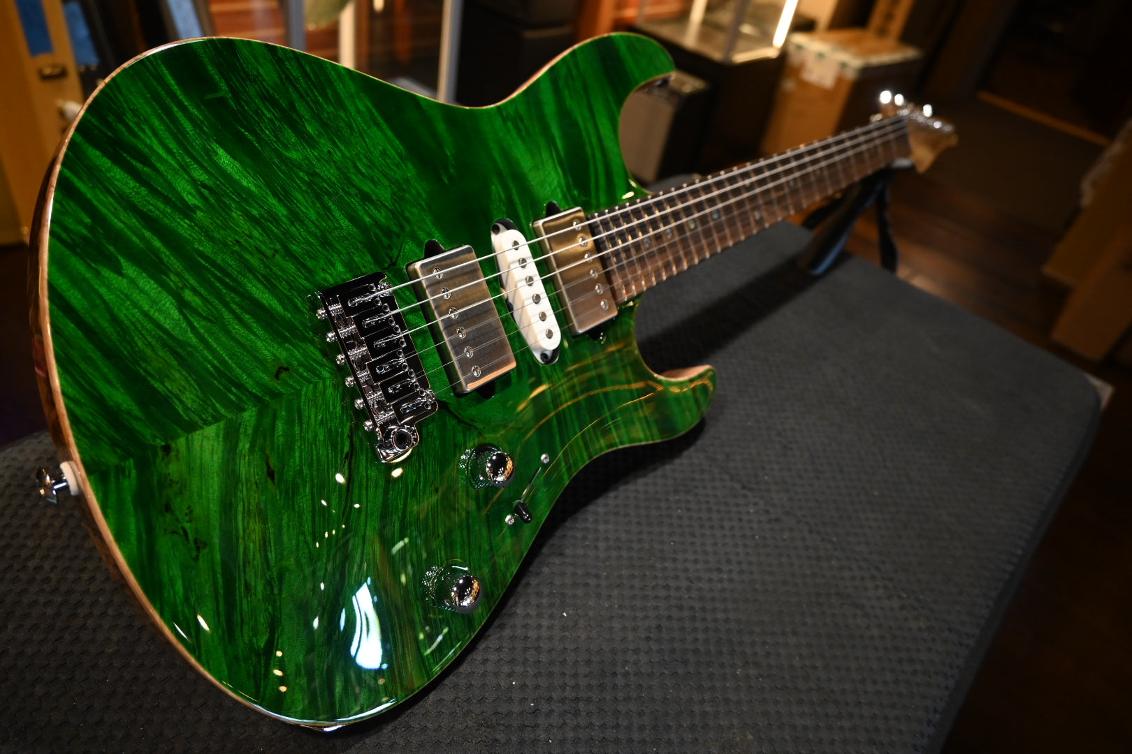 Suhr Custom Modern Carved Top Set Neck Waterfall Burl - Trans Green Guitar #5121 - Danville Music