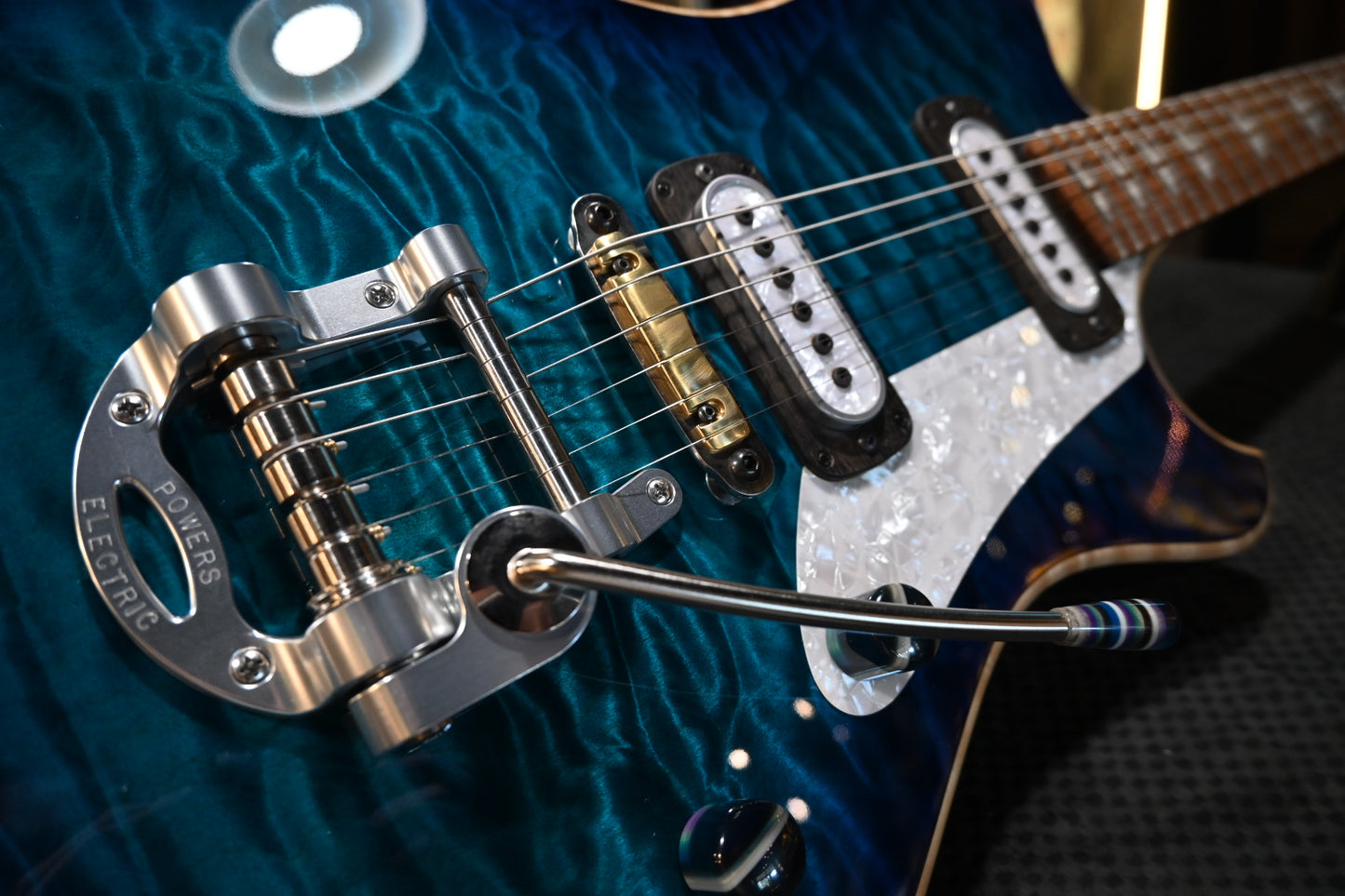 Powers Electric A-Type Select Maple Quilt PF42 CamTail - Blue Lagoon Guitar #B259