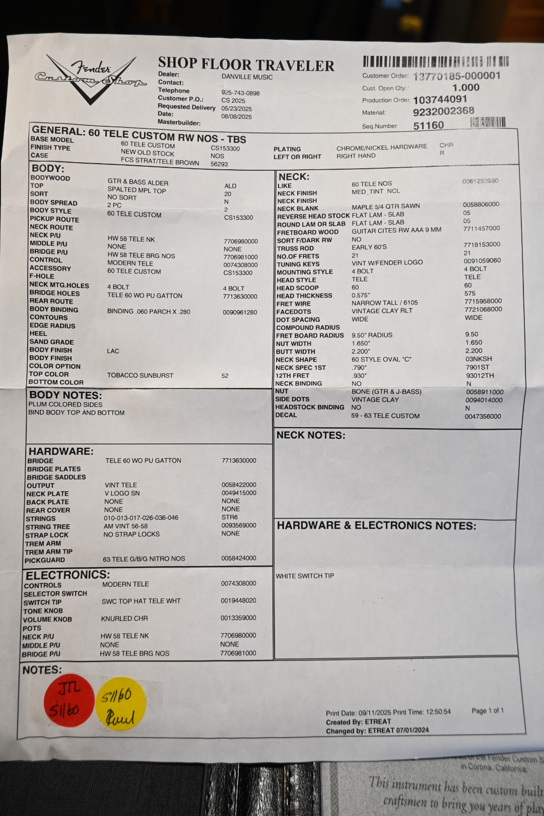 Fender Custom Shop 1960 Telecaster Custom RW NOS - Tobacco Sunburst Guitar #8531 - Danville Music
