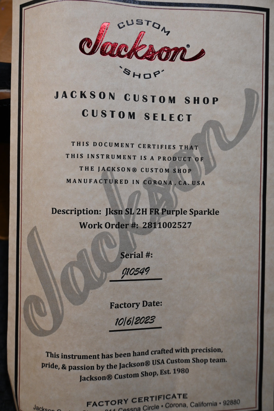 Jackson Custom Shop SL 2H FR 2023 - Purple Sparkle Guitar #0549 - Danville Music