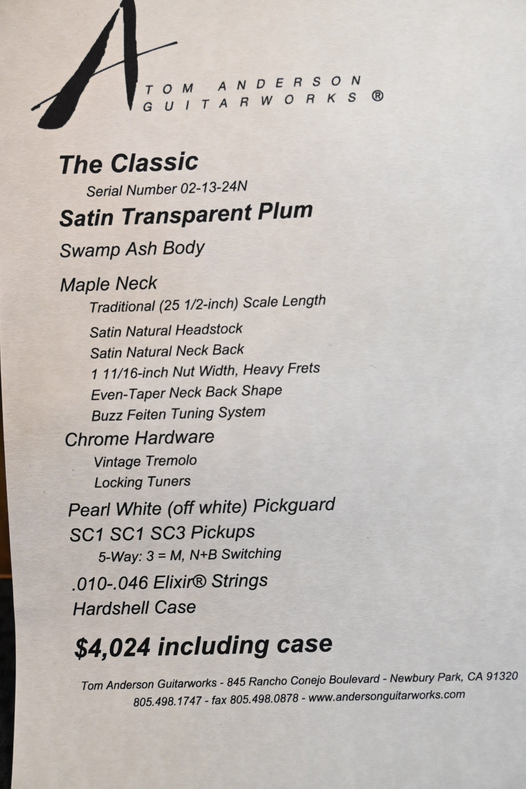 Tom Anderson Classic - Satin Translucent Plum Guitar #324N - Danville Music