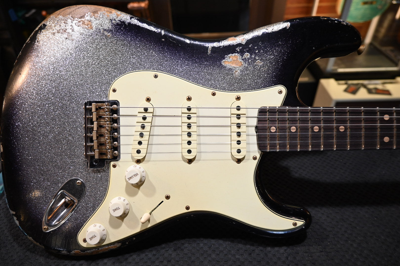 Fender Custom Shop 1959 Stratocaster Heavy Relic - Black Burst on Silver Sparkle Guitar #3950 - Danville Music