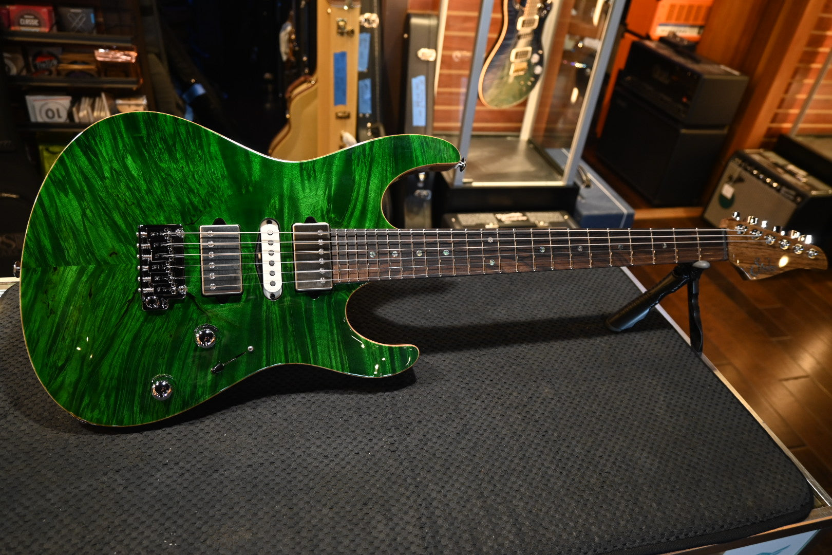 Suhr Custom Modern Carved Top Set Neck Waterfall Burl - Trans Green Guitar #5121 - Danville Music