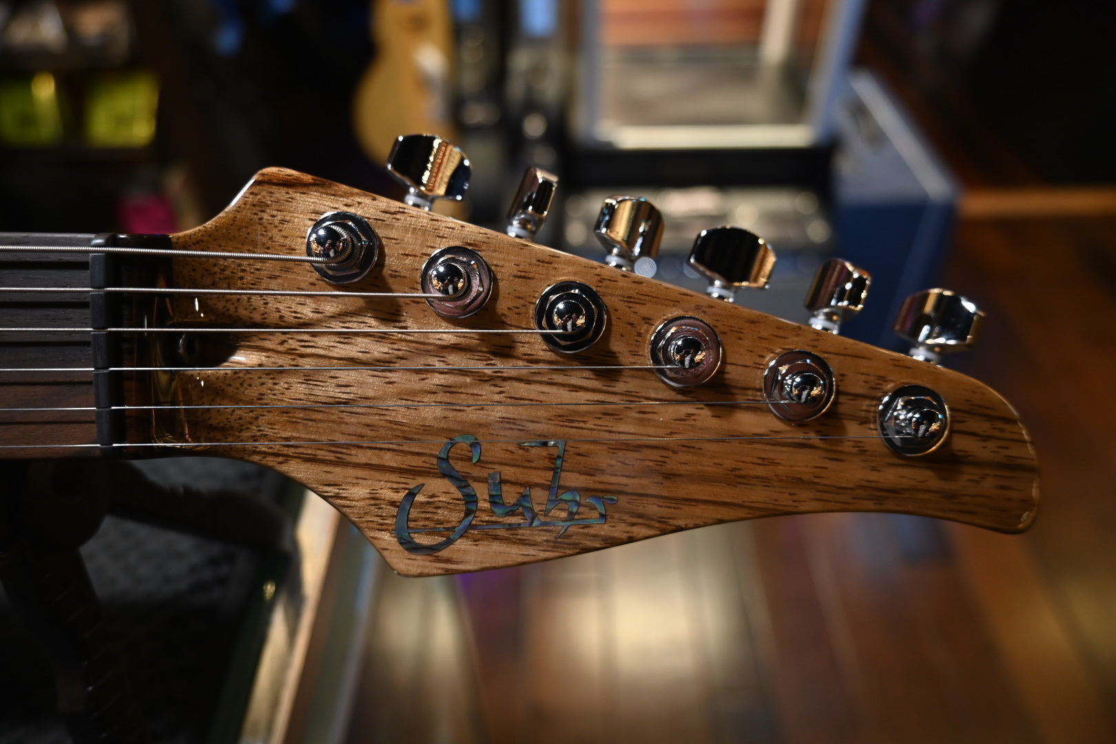 Suhr Custom Modern Carved Top Set Neck Waterfall Burl - Trans Green Guitar #5121 - Danville Music