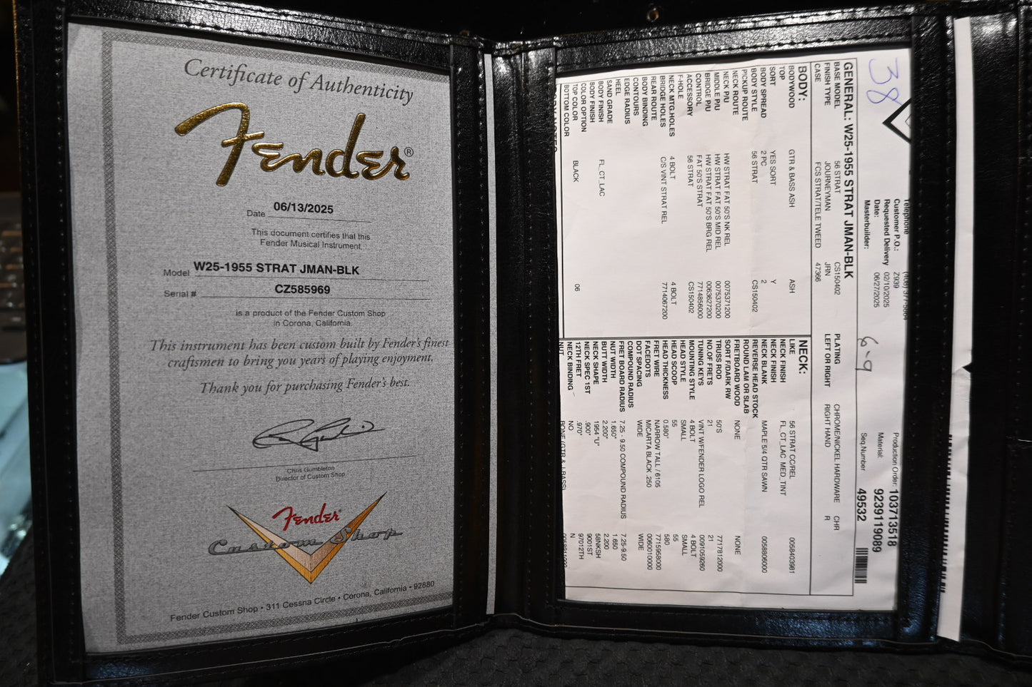 Fender Custom Shop 1955 Stratocaster Journeyman 2025 - Black Guitar #5969 - Danville Music