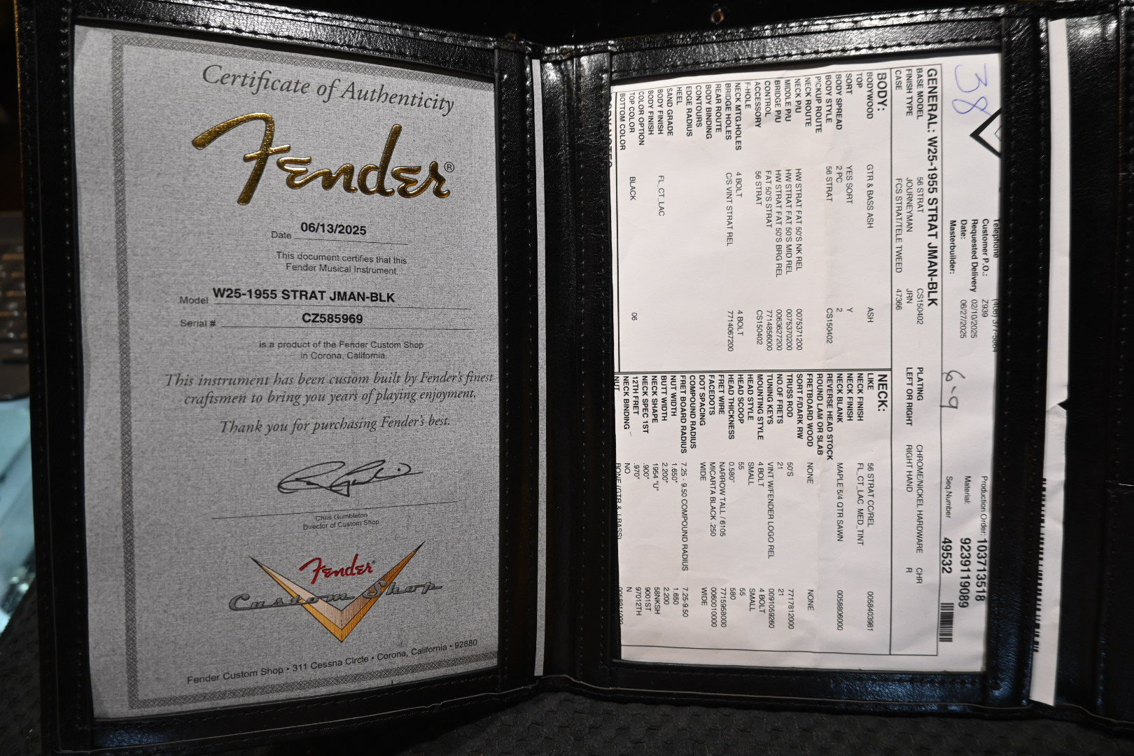 Fender Custom Shop 1955 Stratocaster Journeyman 2025 - Black Guitar #5969 - Danville Music