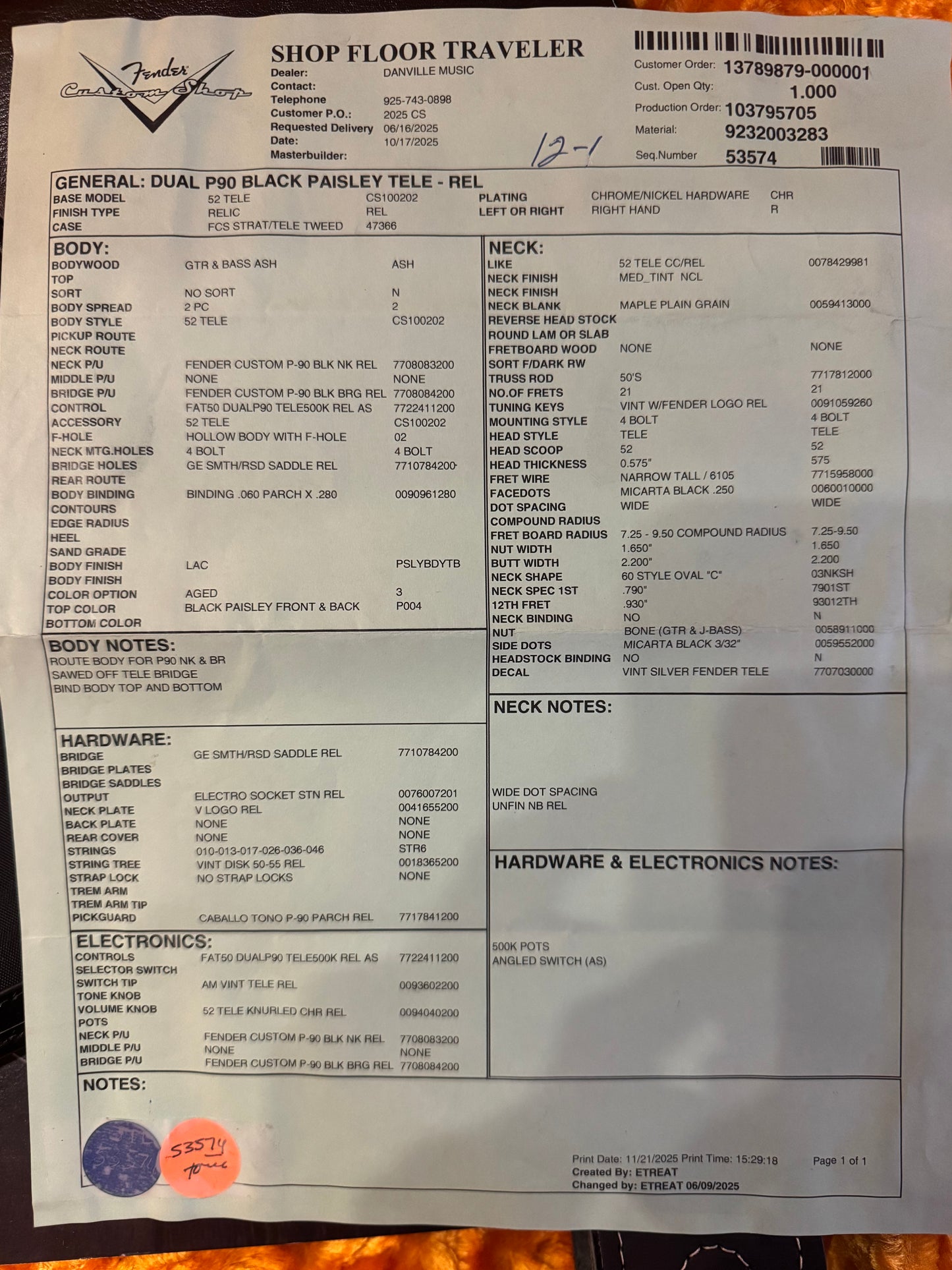 Fender Custom Shop Dual P-90s Telecaster Relic - Aged Black Paisley Guitar #8688