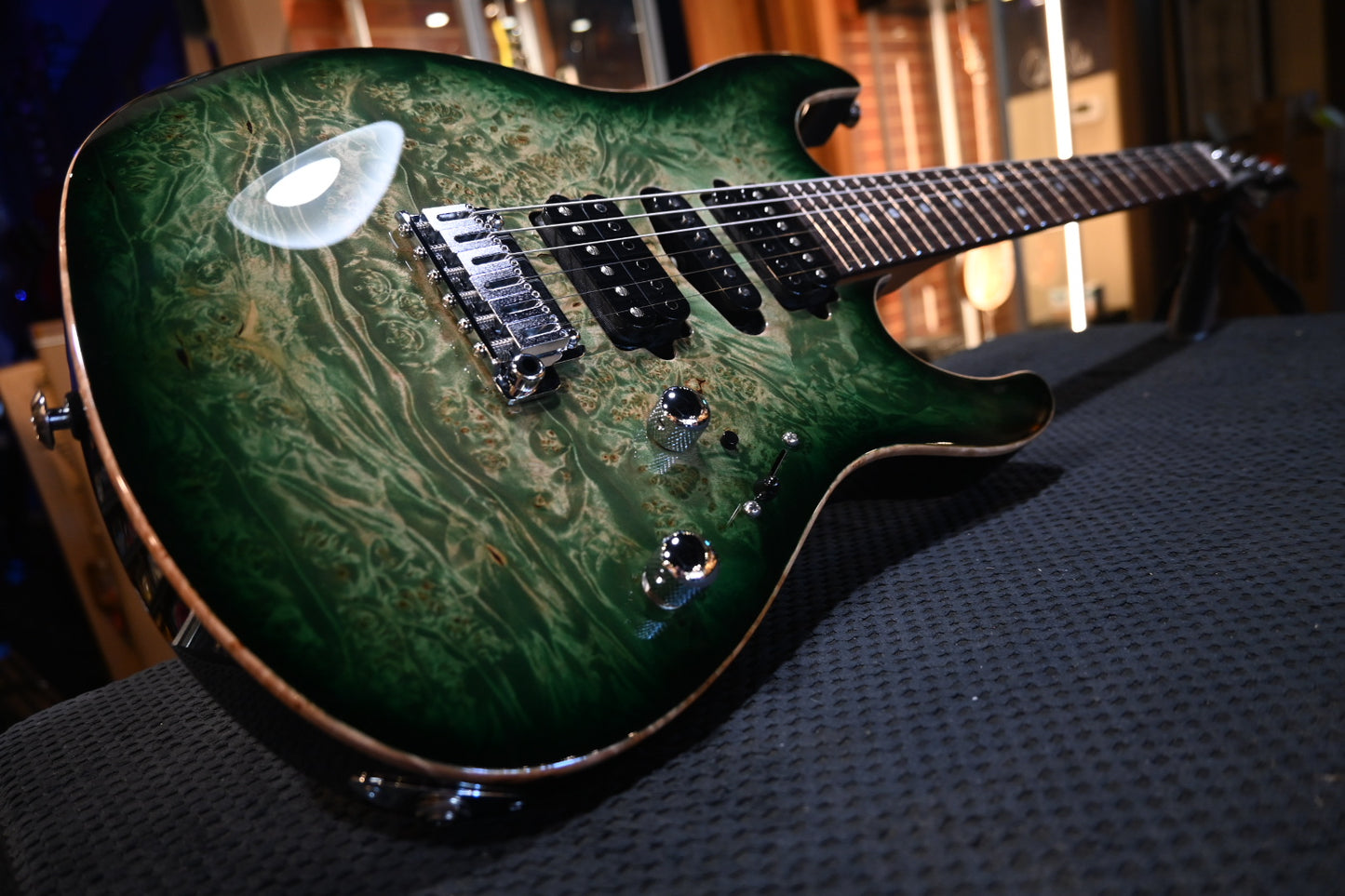 Suhr Custom Modern Waterfall Burl - Faded Trans Green Burst Guitar #3350