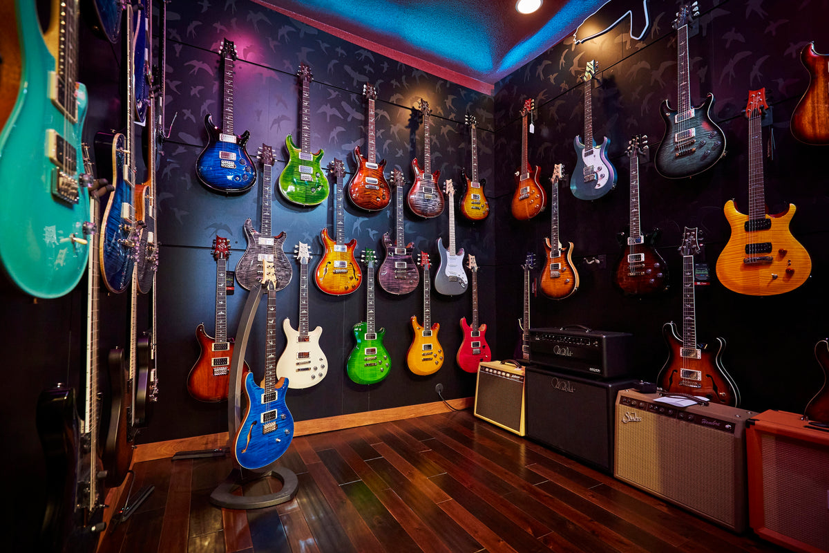 Room full of PRS electric guitars and PRS amps at Danville Music, a PRS Signature Dealer in Danville, CA