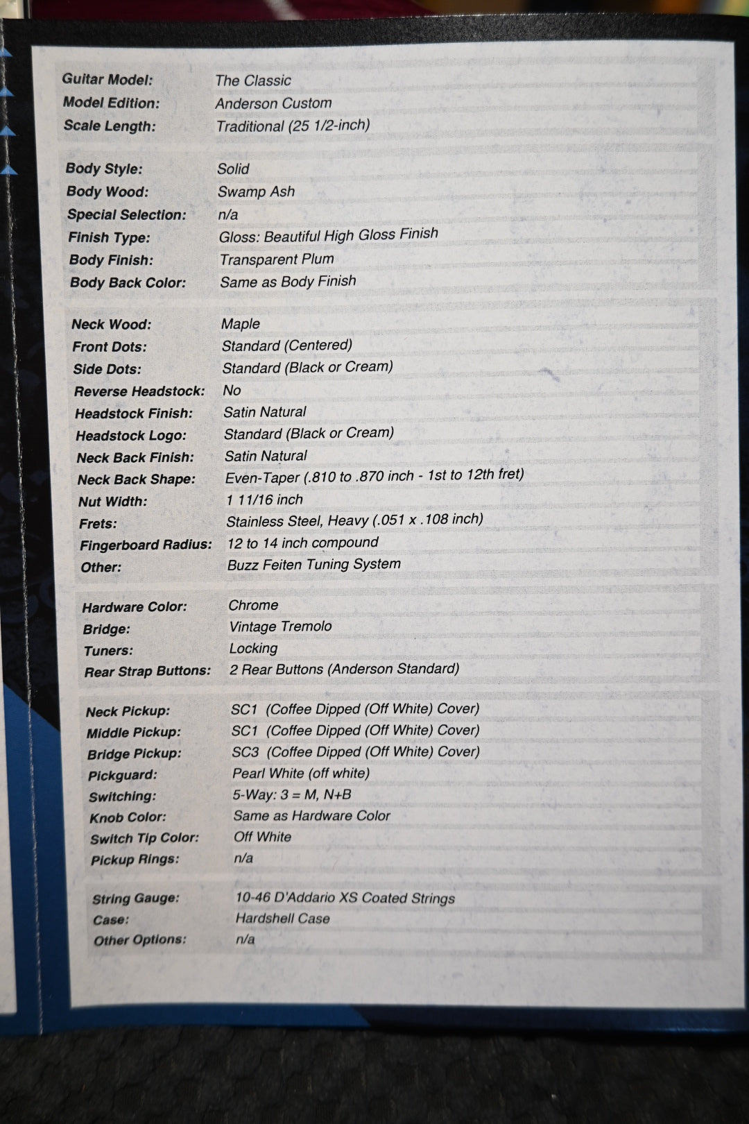 Tom Anderson Classic - Translucent Plum Guitar #925A