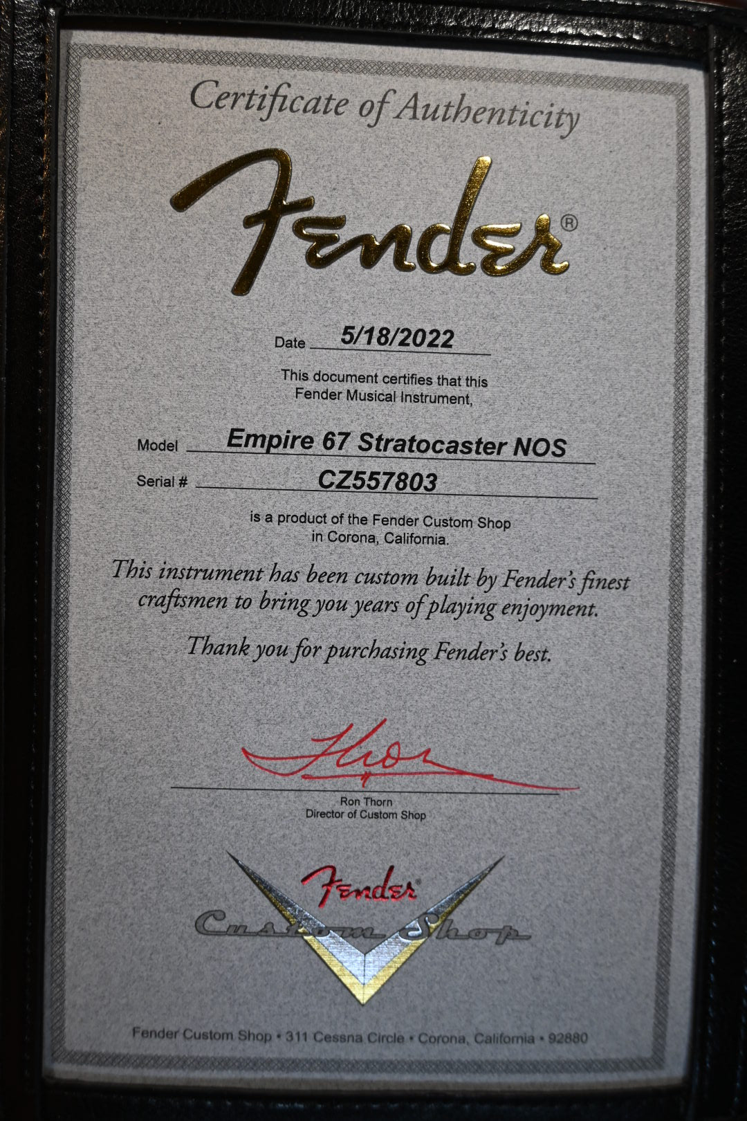 Fender Custom Shop Empire ‘67 Stratocaster NOS 2022 - Olympic White Guitar #7803 - Danville Music