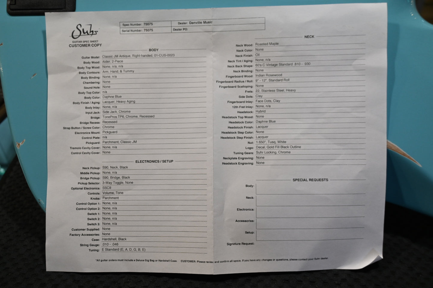 Suhr Custom Classic JM Antique - Daphne Blue Guitar #5075 USED - Danville Music