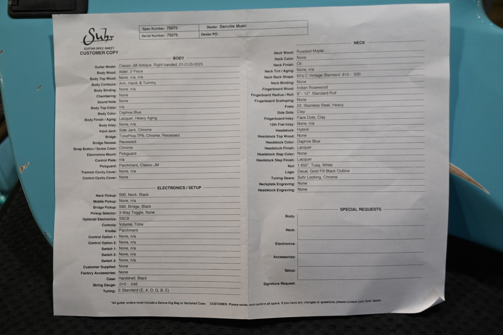 Suhr Custom Classic JM Antique - Daphne Blue Guitar #5075 USED - Danville Music