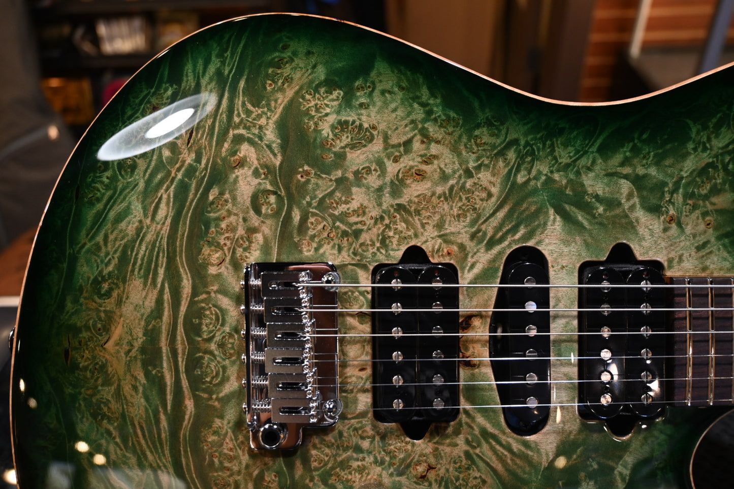 Suhr Custom Modern Waterfall Burl - Faded Trans Green Burst Guitar #3350