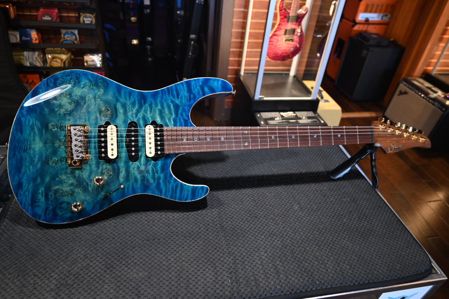 Suhr Custom Modern Waterfall Burl - Aqua Blue Burst Guitar #9717 PRE-OWNED - Danville Music