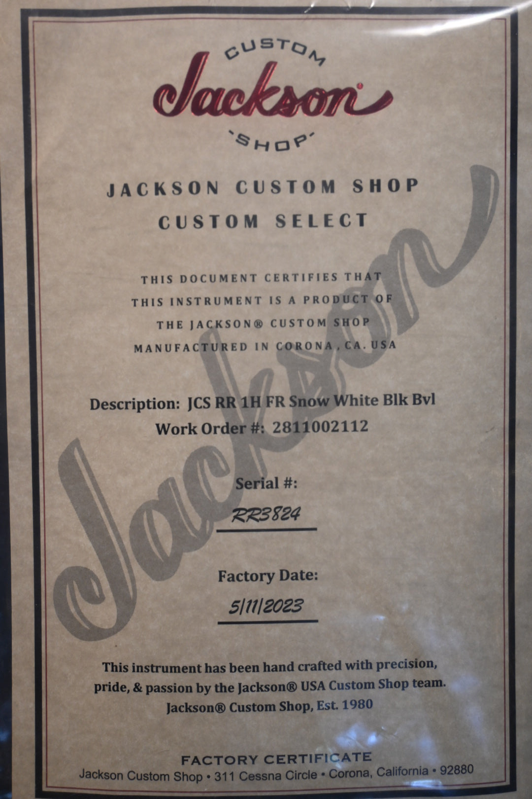 Jackson Custom Shop Randy Rhonda H1 Floyd Rose 2023 - Snow White with Black Bevels Guitar #3824 - Danville Music