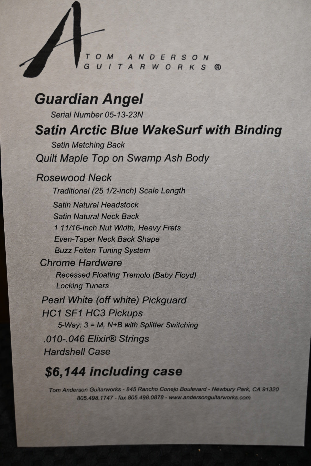 Tom Anderson Guardian Angel - Arctic Blue WakeSurf Satin Guitar #323N - Danville Music