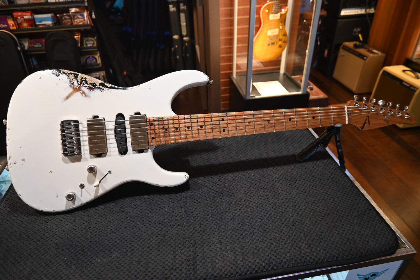Tom Anderson Angel Player 7 - Olympic White over 3 Color Burst In-Distress Guitar #023N - Danville Music