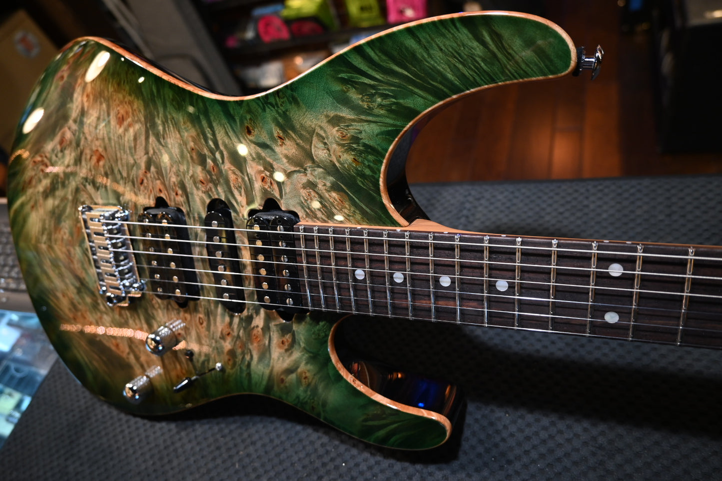 Suhr Custom Modern Waterfall Burl - Faded Trans Green Burst Guitar #6227 - Danville Music