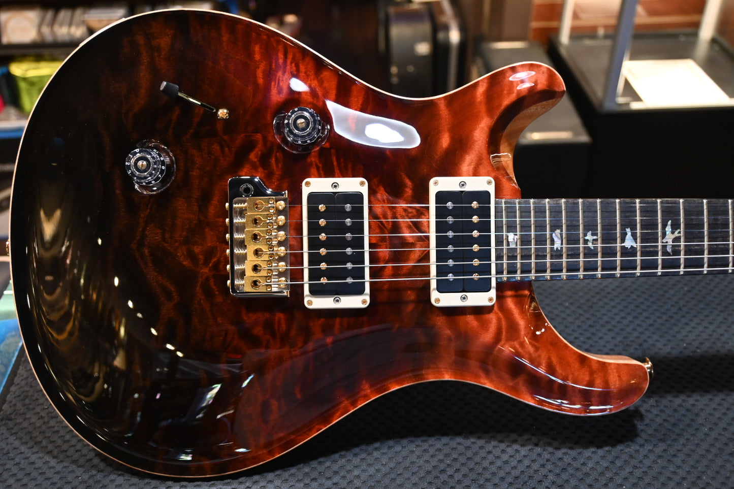 PRS Wood Library Custom 24 Lefty 10-Top Quilt - Fire Red to Grey Black Fade Guitar #7970 - Danville Music