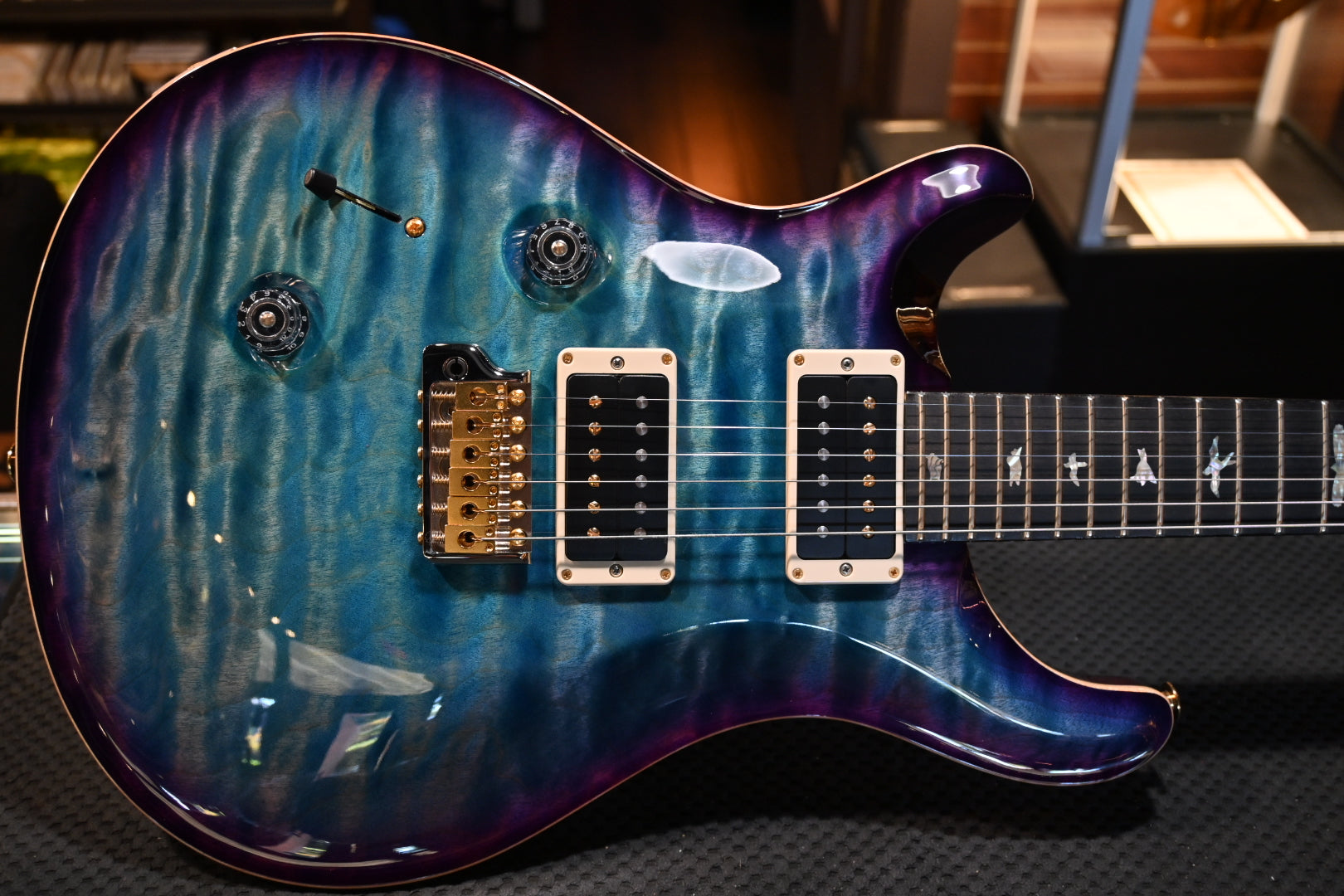PRS Wood Library Custom 24 Lefty 10-Top One Piece Quilt - Aquableux Purple Burst Guitar #7969 - Danville Music