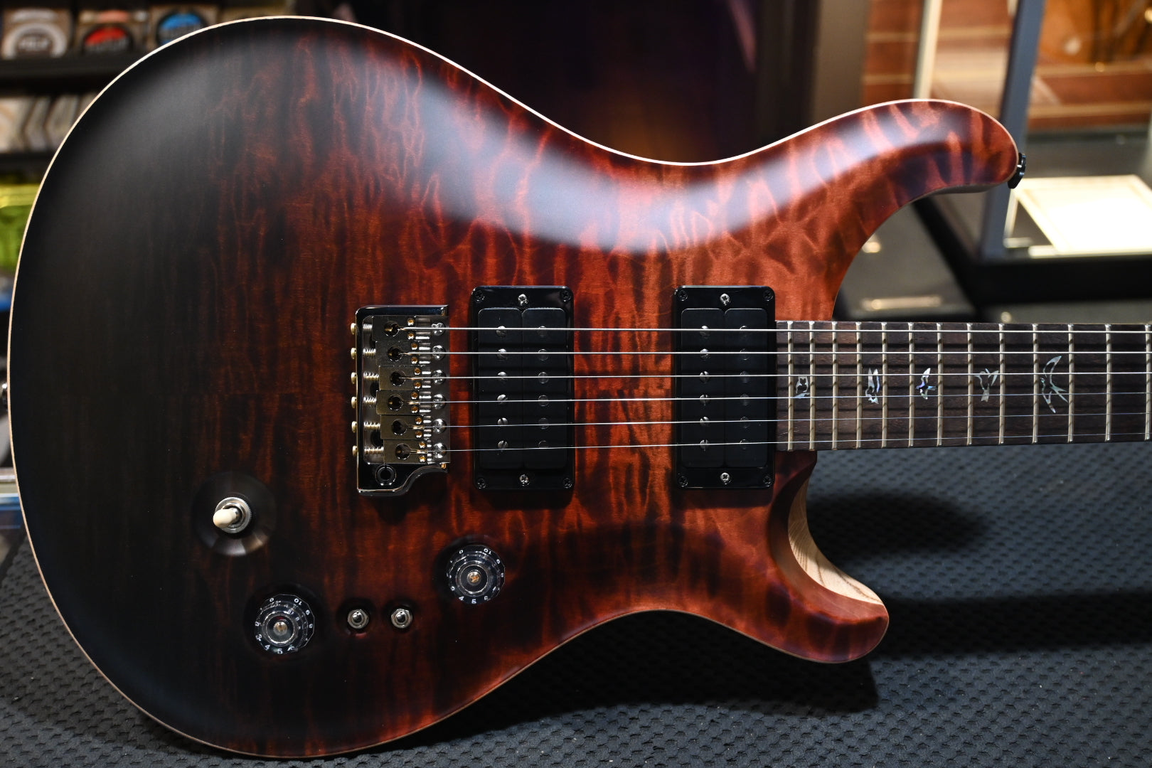 PRS Wood Library Custom 24-08 10-Top Quilt Rosewood Neck BRW - Fire Red to Grey Black Fade Satin Guitar #7528 - Danville Music