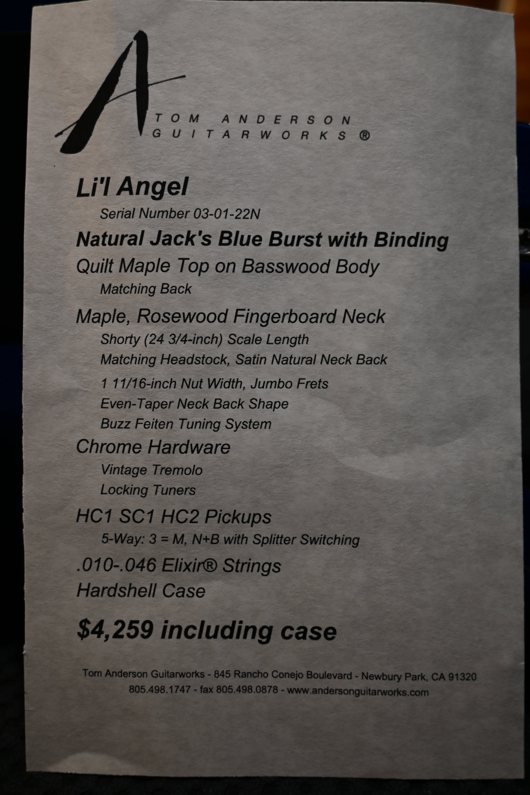 Tom Anderson Li’l Angel - Natural Jack’s Blue Burst Guitar #122N PRE-OWNED - Danville Music