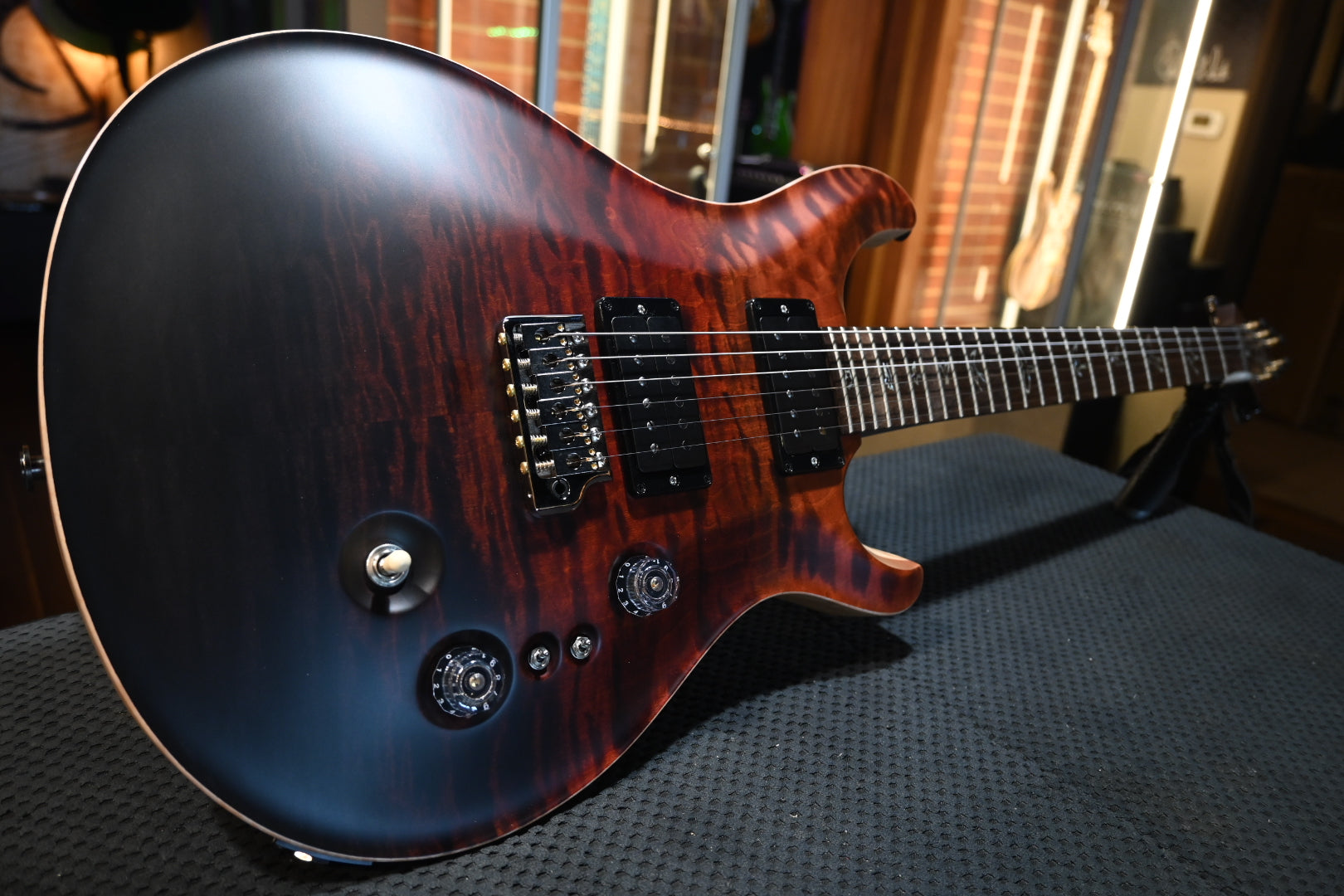 PRS Wood Library Custom 24-08 10-Top Quilt Rosewood Neck BRW - Fire Red to Grey Black Fade Satin Guitar #7528 - Danville Music