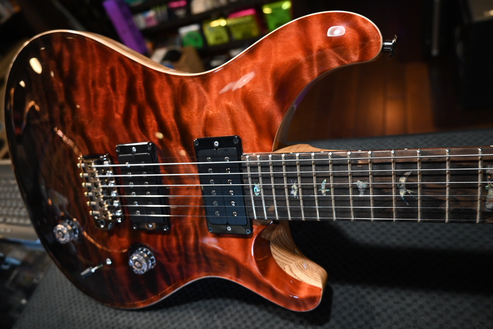 PRS Wood Library Custom 24 10-Top Quilt Swamp Ash Torr. Maple - Fire Red to Grey Black Fade Guitar #2124 - Danville Music