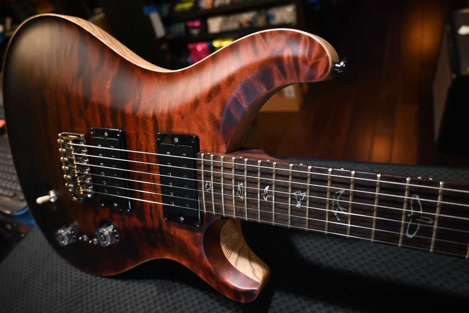 PRS Wood Library Custom 24-08 10-Top Quilt Rosewood Neck BRW - Fire Red to Grey Black Fade Satin Guitar #7528 - Danville Music