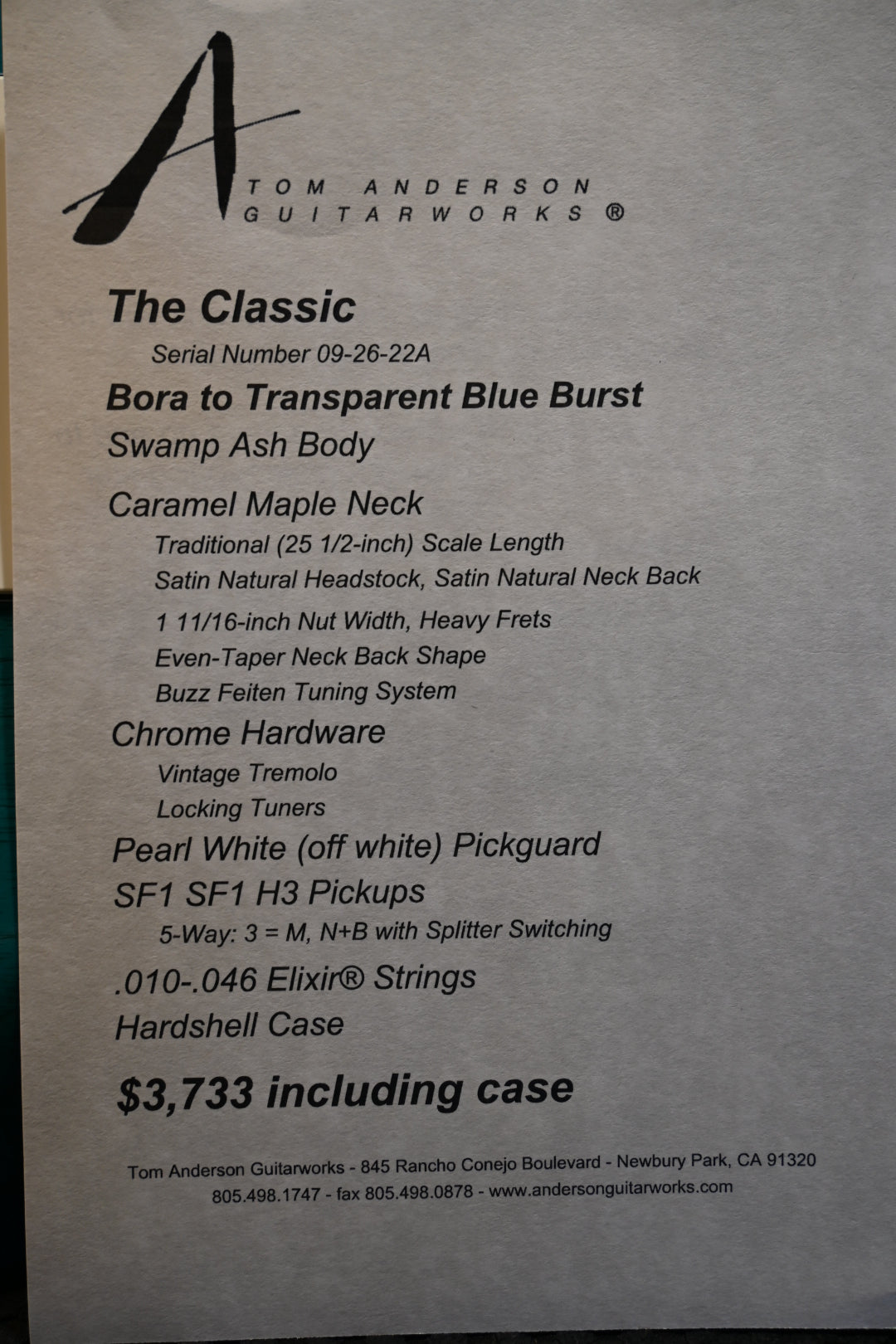 Tom Anderson Classic - Bora to Transparent Blue Burst Guitar #622A - Danville Music