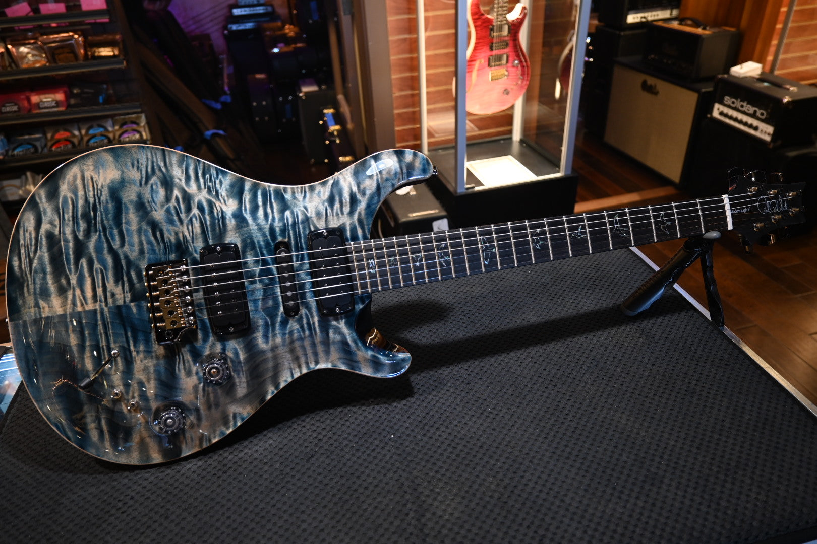 PRS Wood Library Modern Eagle V 10-Top Quilt Figured Maple Neck - Faded Whale Blue/Charcoal Back Guitar #9652 - Danville Music