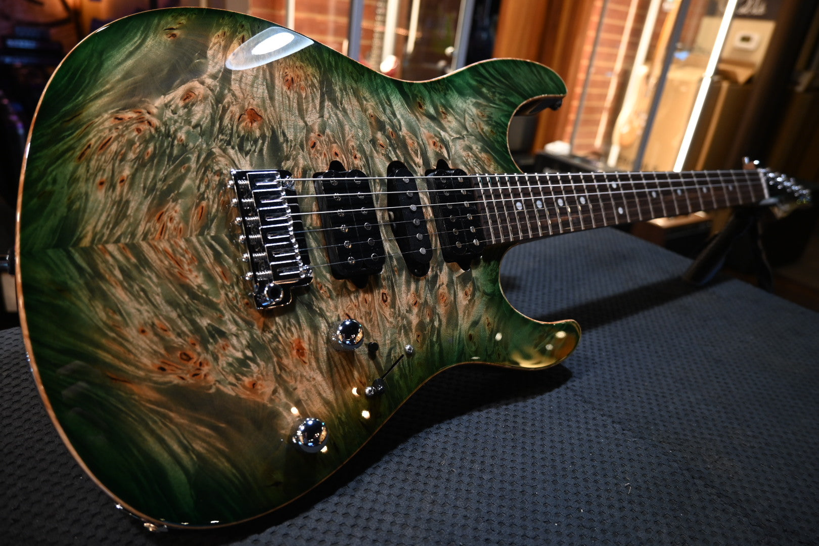 Suhr Custom Modern Waterfall Burl - Faded Trans Green Burst Guitar #6227 - Danville Music