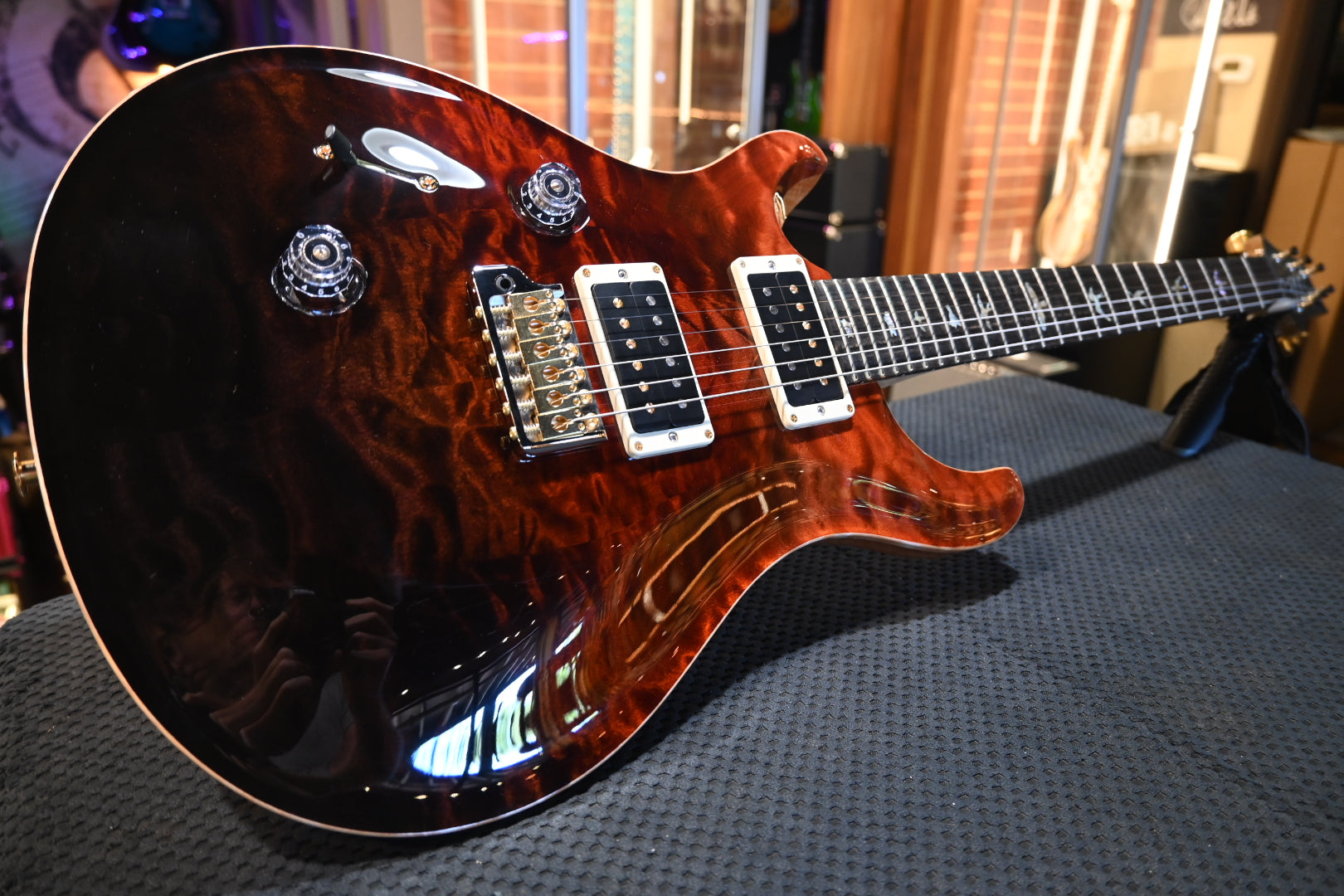PRS Wood Library Custom 24 Lefty 10-Top Quilt - Fire Red to Grey Black Fade Guitar #7970 - Danville Music