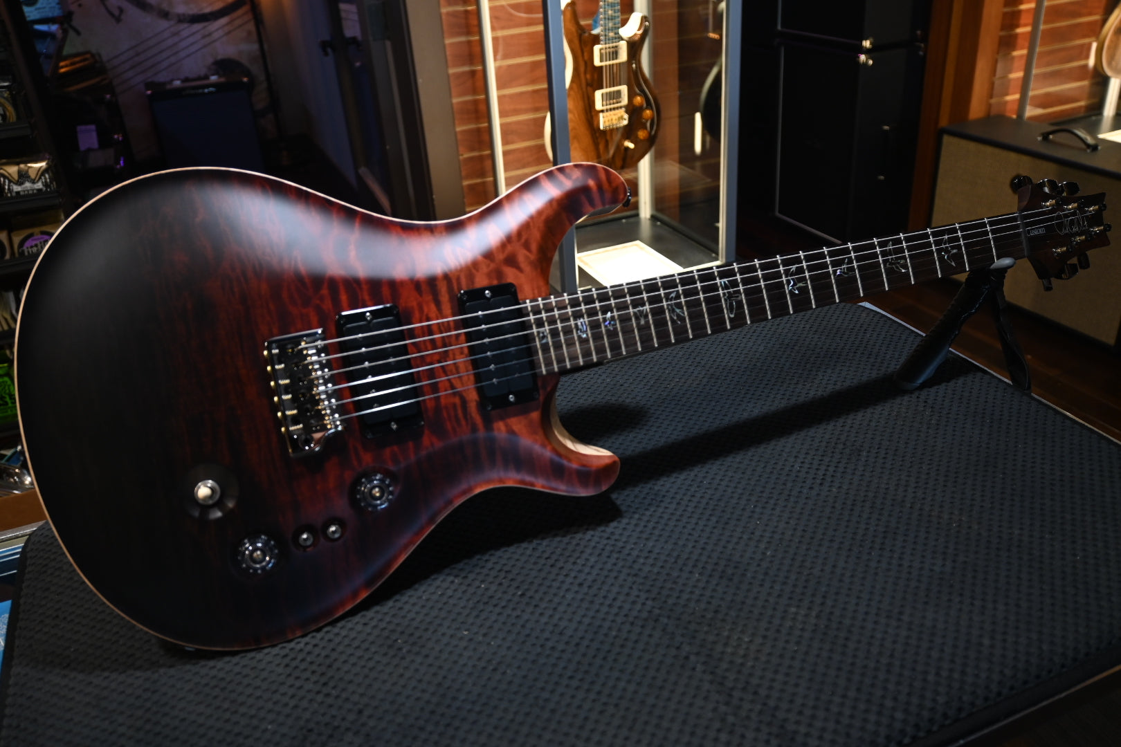 PRS Wood Library Custom 24-08 10-Top Quilt Rosewood Neck BRW - Fire Red to Grey Black Fade Satin Guitar #7528 - Danville Music