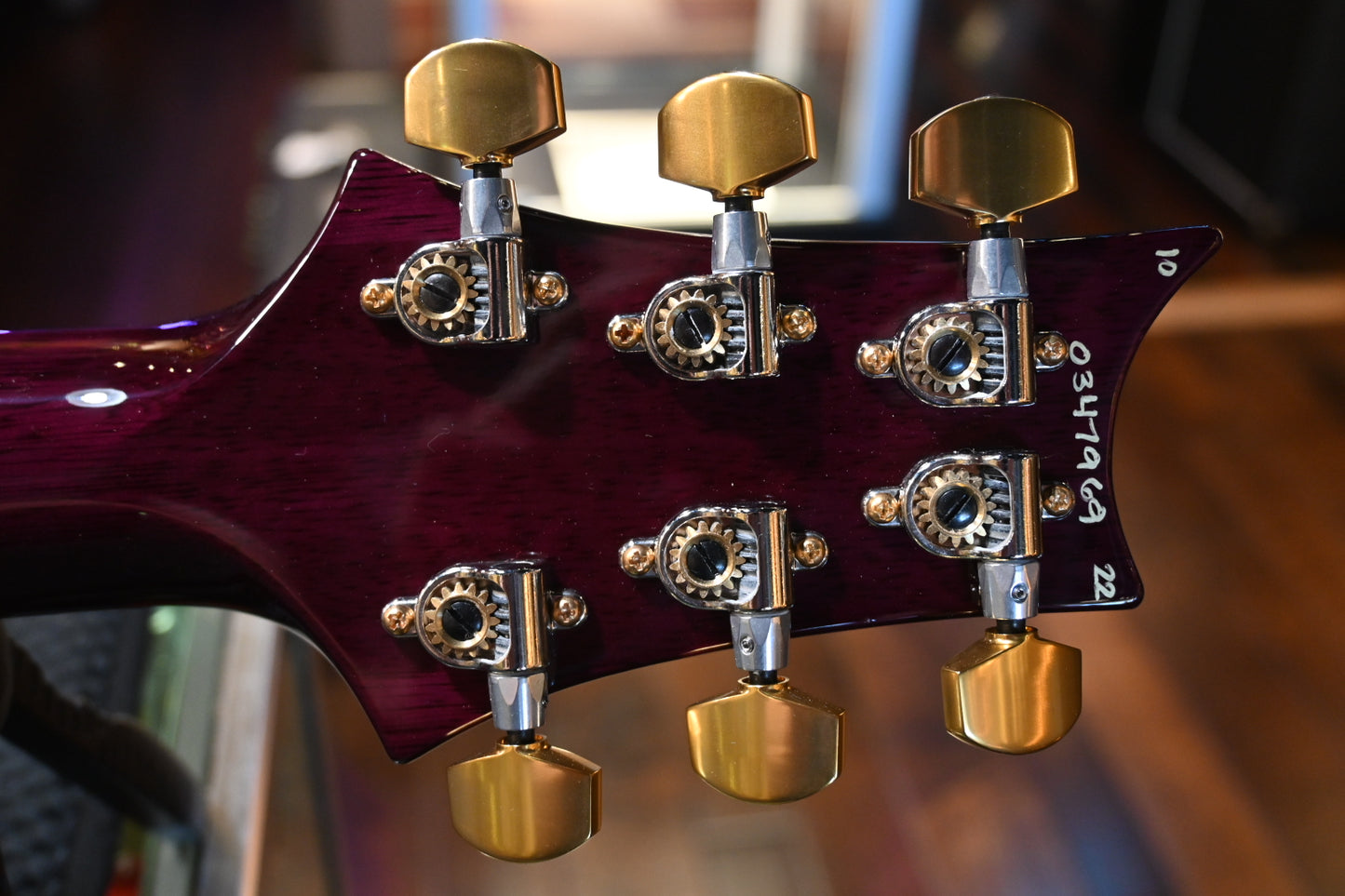 PRS Wood Library Custom 24 Lefty 10-Top One Piece Quilt - Aquableux Purple Burst Guitar #7969 - Danville Music