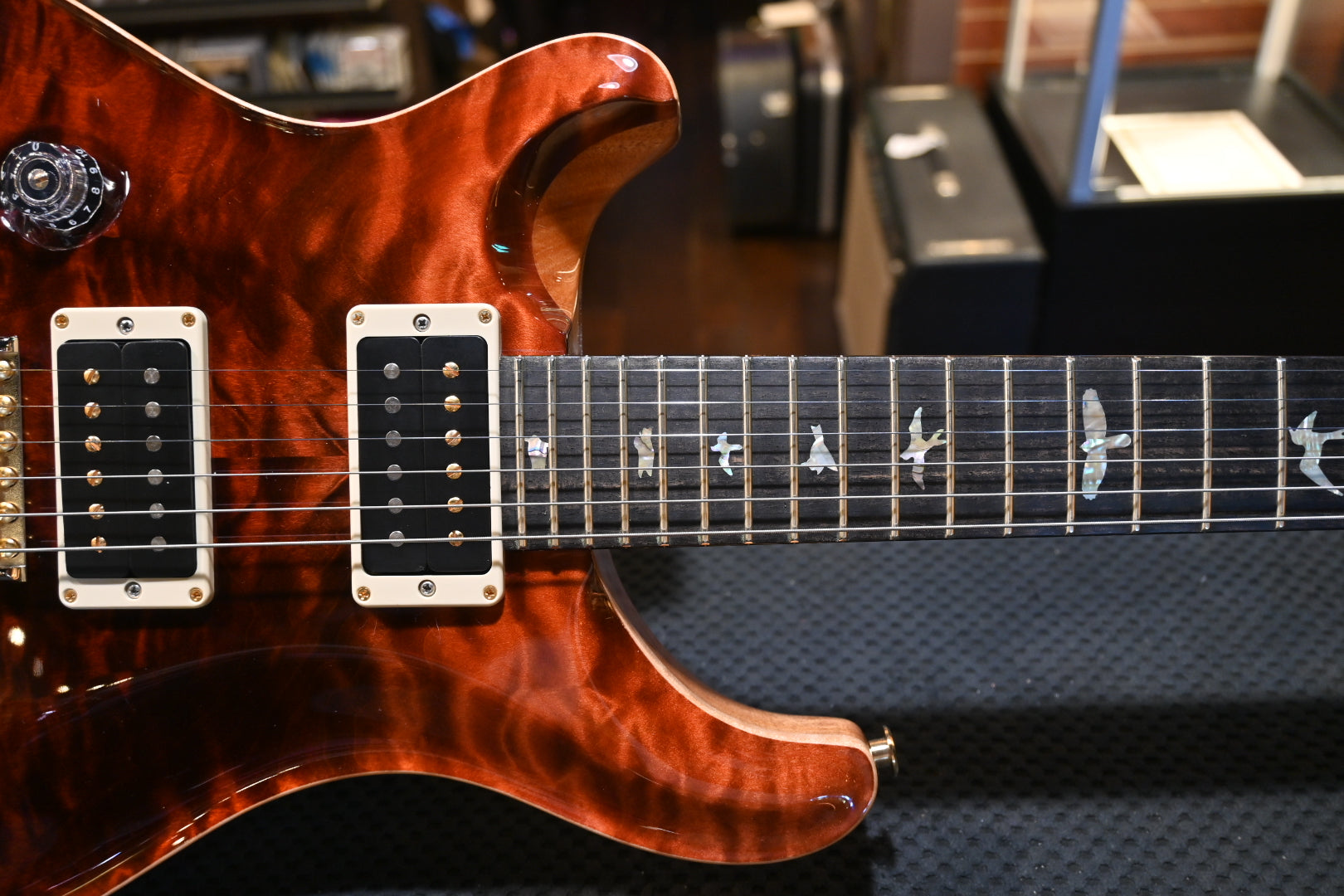 PRS Wood Library Custom 24 Lefty 10-Top Quilt - Fire Red to Grey Black Fade Guitar #7970 - Danville Music