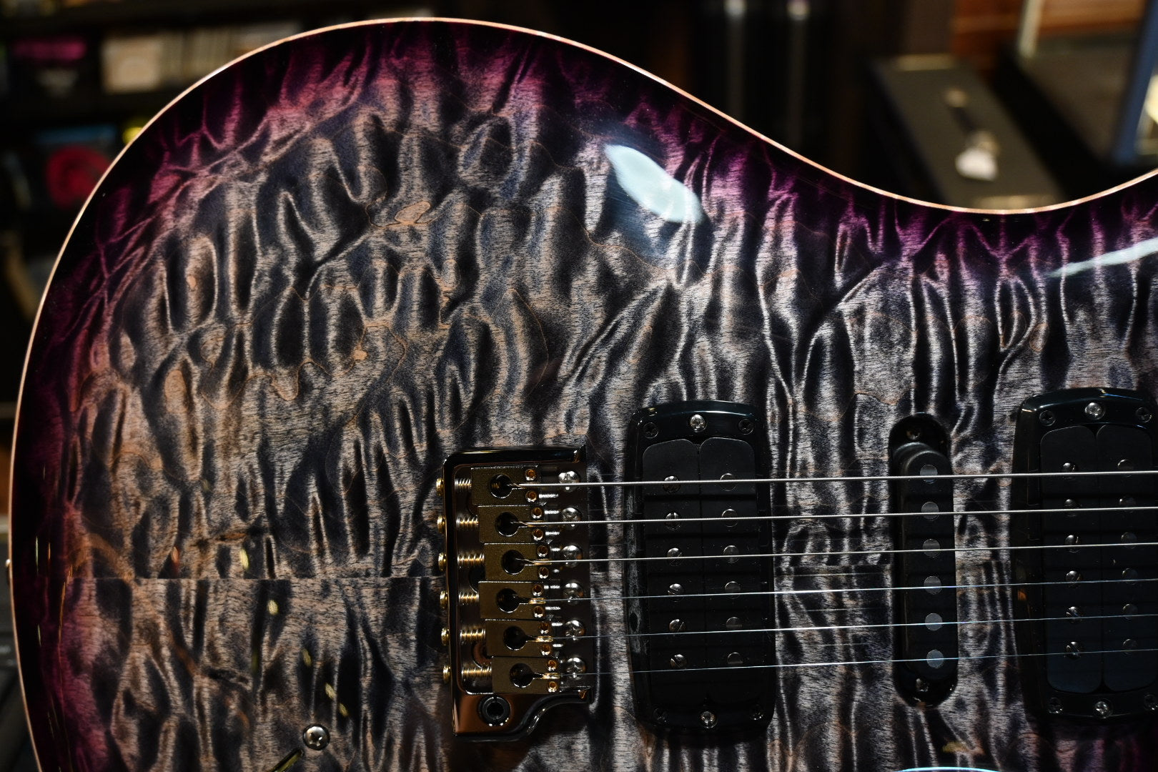 PRS Wood Library Modern Eagle V 10-Top Quilt Swamp Ash Figured Maple Neck - Charcoal Purple Burst Guitar #9653 - Danville Music